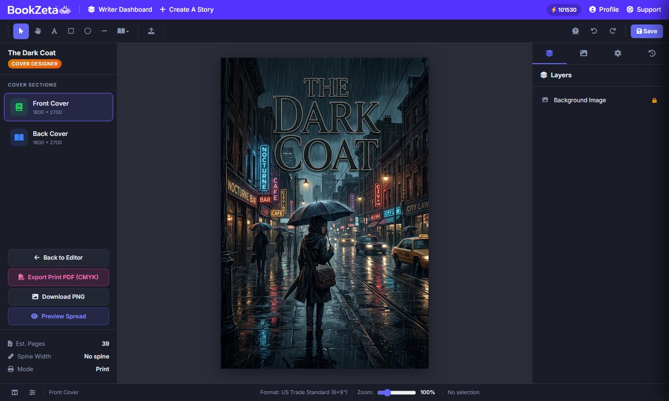 The Cover Editor showing a finished book cover with separate Front and Back cover sections, a Layers panel, and controls for Export Print PDF (CMYK), Download PNG and Preview Spread, alongside estimated pages, spine width and Print mode.