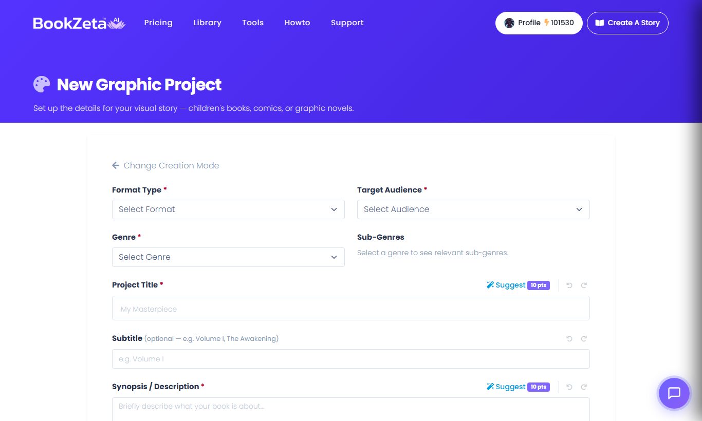 The BookZeta project-creation screen where you choose a creation mode and set the genre and audience for your new work