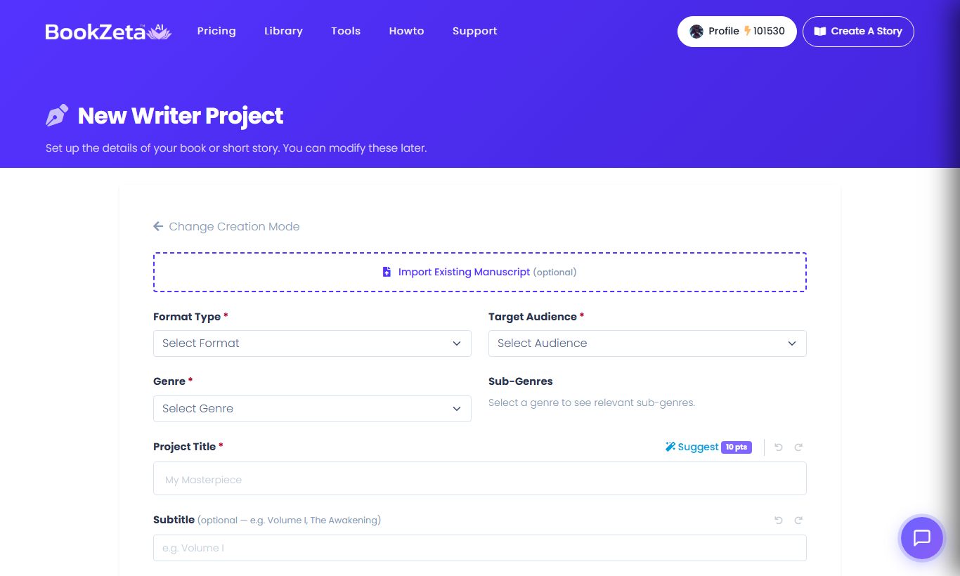 The BookZeta new-project creation form, showing the mode and story type, genre, audience, description and series fields