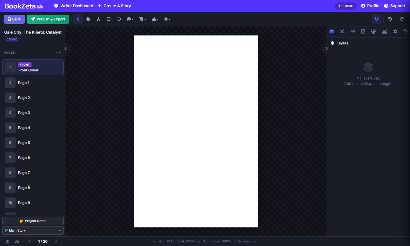 The Graphic Mode editor with the page list on the left, the page canvas in the center, the toolbar of text, shape and speech-bubble tools, and the Layers panel on the right.