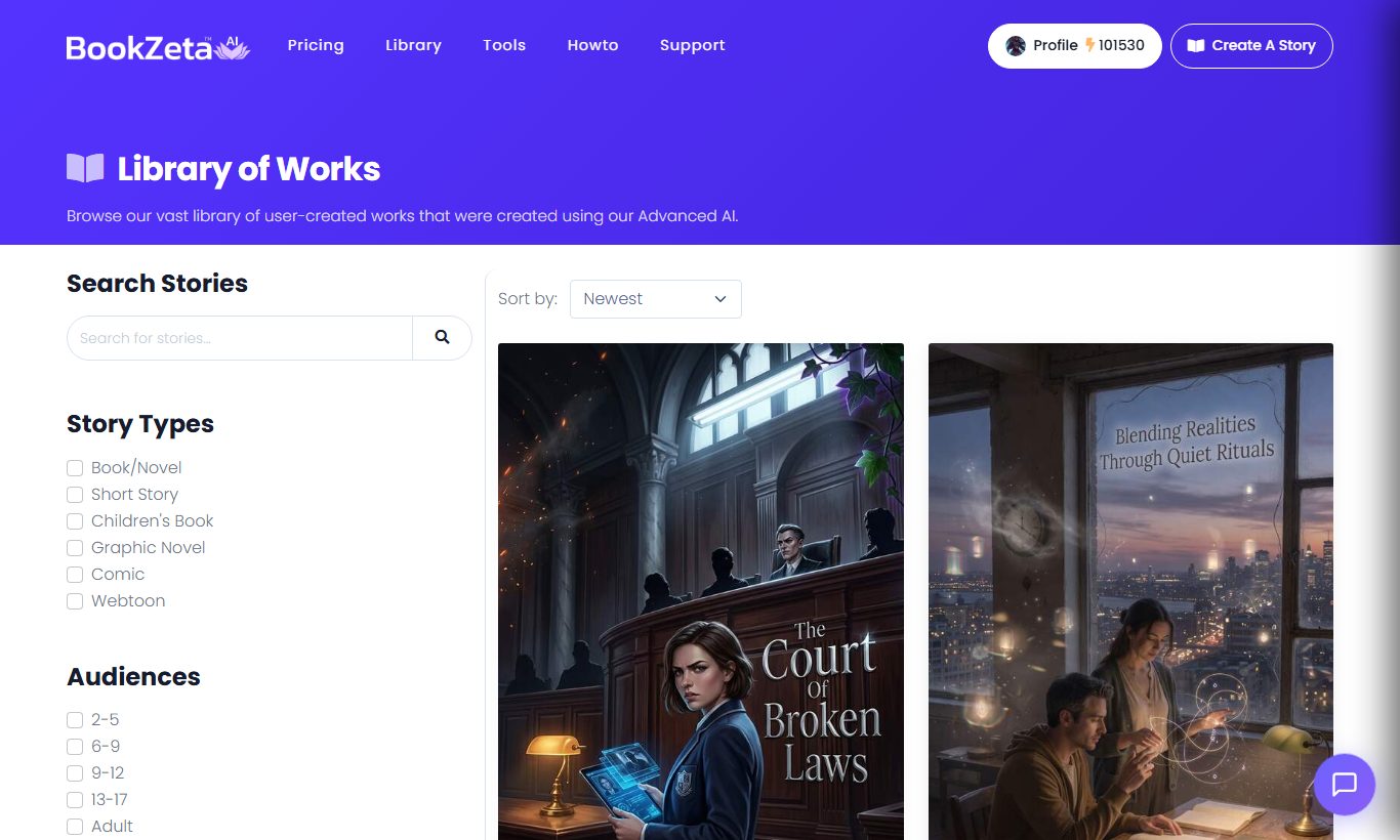 The BookZeta Library of Works showing a grid of book and story cover thumbnails created by the author