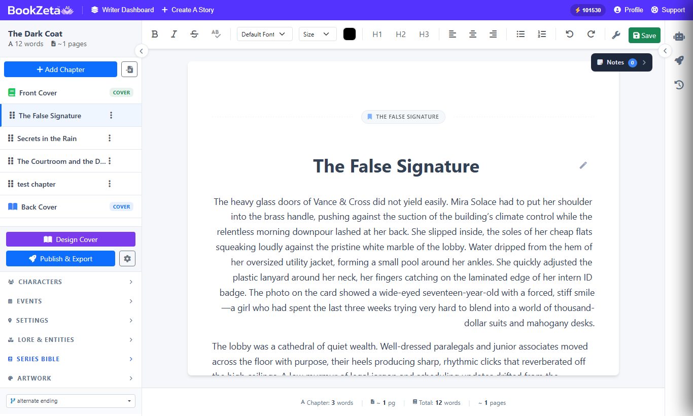 The BookZeta Writer Mode editor, with the chapter list on the left, the formatting toolbar above the manuscript text in the centre, and the Characters and Series Bible side panel on the right
